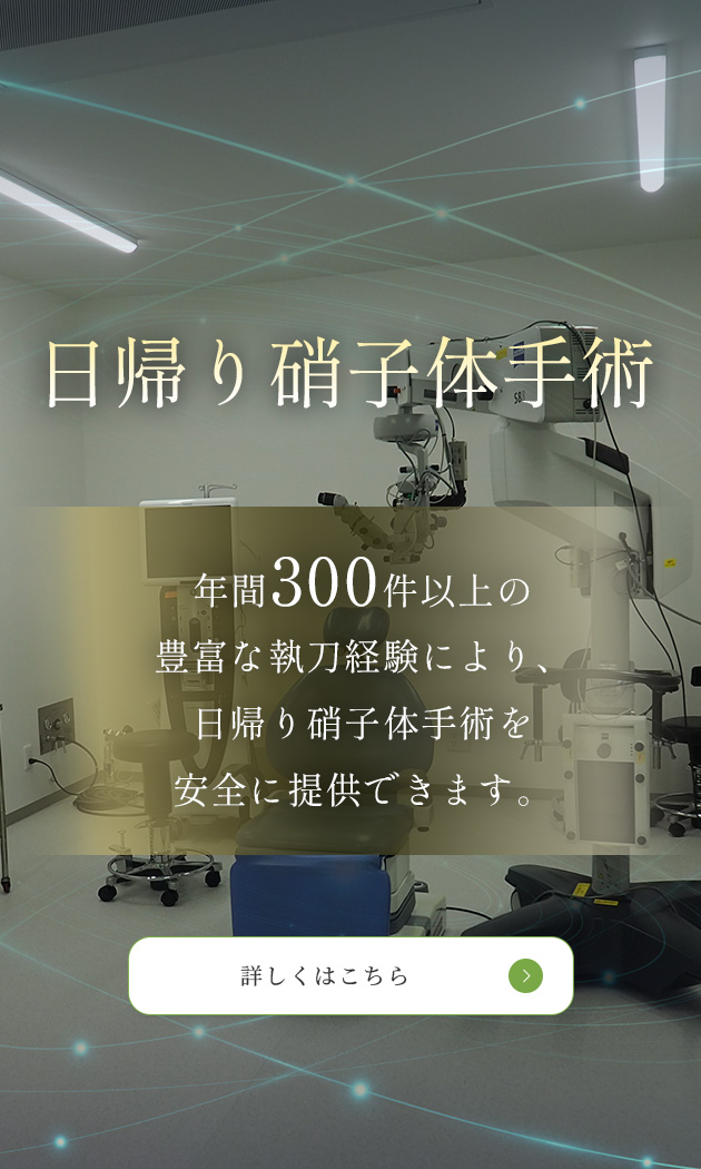 日帰り硝子体手術　年間300件以上の豊富な執刀経験により、日帰り硝子体手術を安全に提供できます。